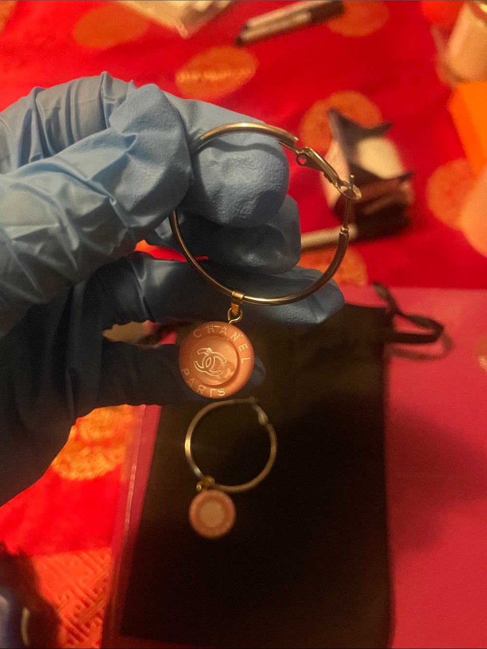 CHANEL upcycled Pink and Gold Hoop Earrings with Logo Disc - Picture 10 of 17